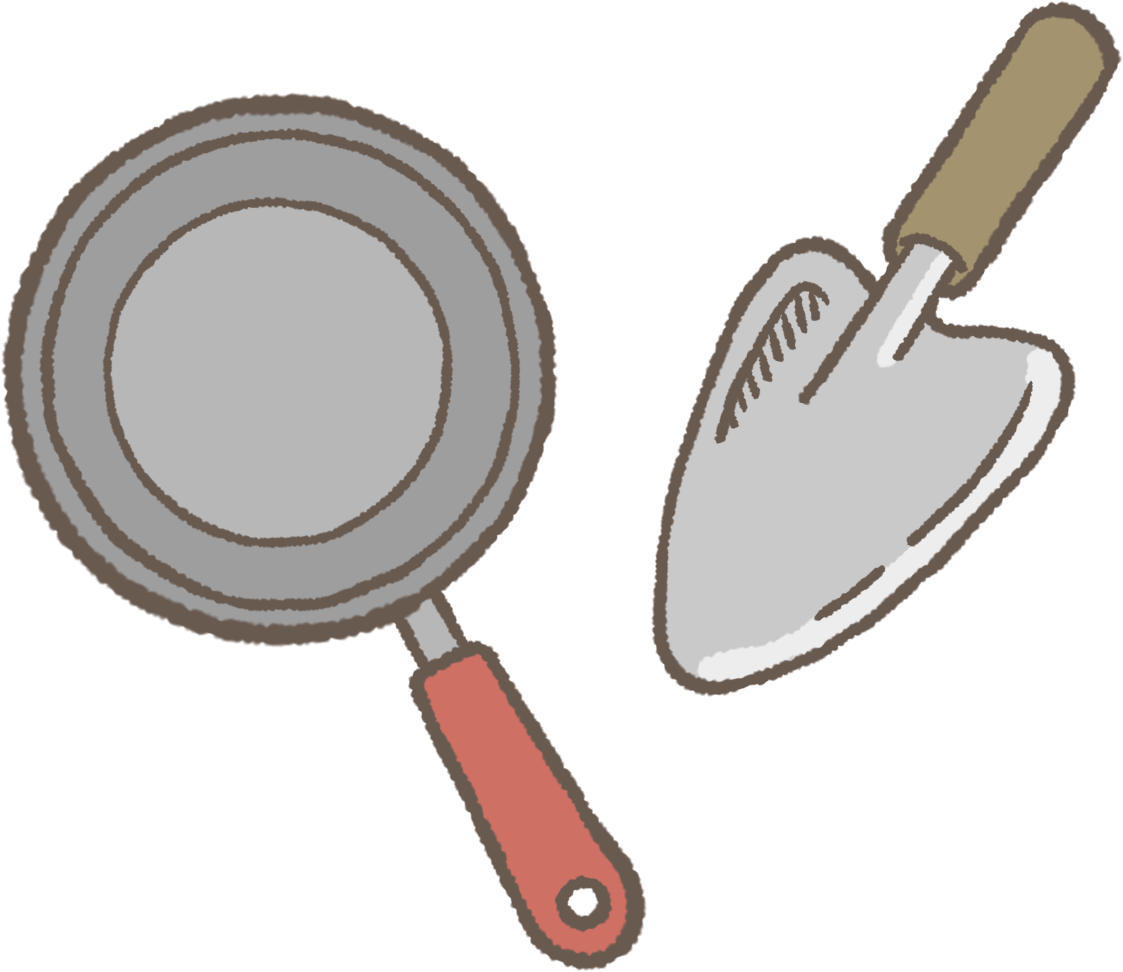 フライパンとスコップのイラスト